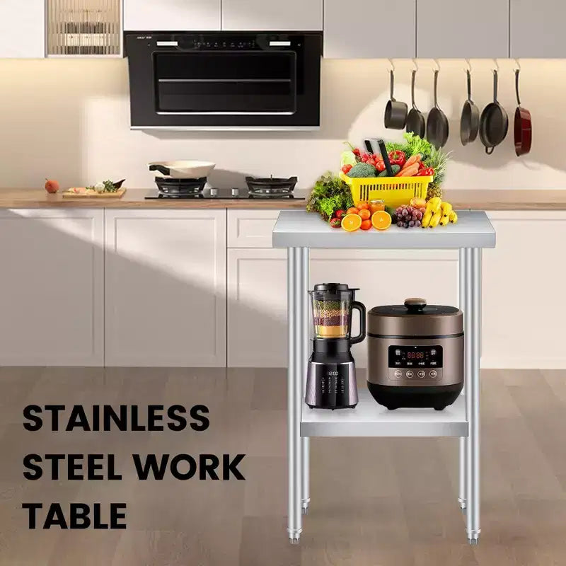 Table en acier inoxydable, table de travail robuste à 2 niveaux certifiée NSF avec étagère inférieure réglable, table de préparation utilitaire résistante à la rouille