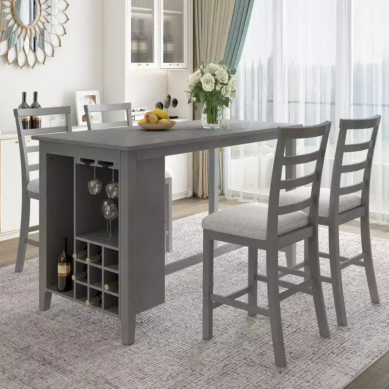 Ensemble de salle à manger 5 pièces de hauteur comptoir pour 4, table rectangulaire en bois avec étagères de rangement et compartiment à vin/barre
