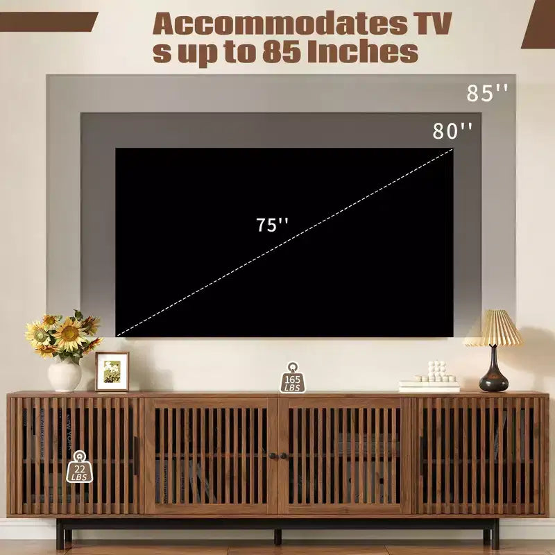 Meuble TV moderne de 78'' pour téléviseurs de 85'', console multimédia, centre de divertissement avec gestion des câbles et charnières à fermeture douce, Noyer - ModernLuxe
