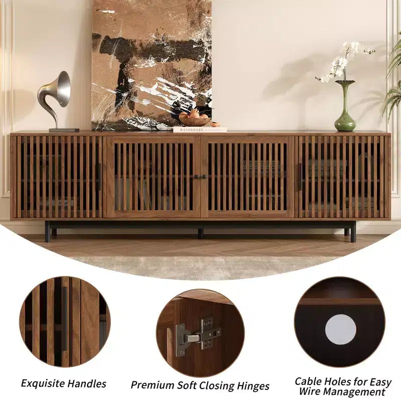 Meuble TV moderne de 78'' pour téléviseurs de 85'', console multimédia, centre de divertissement avec gestion des câbles et charnières à fermeture douce, Noyer - ModernLuxe