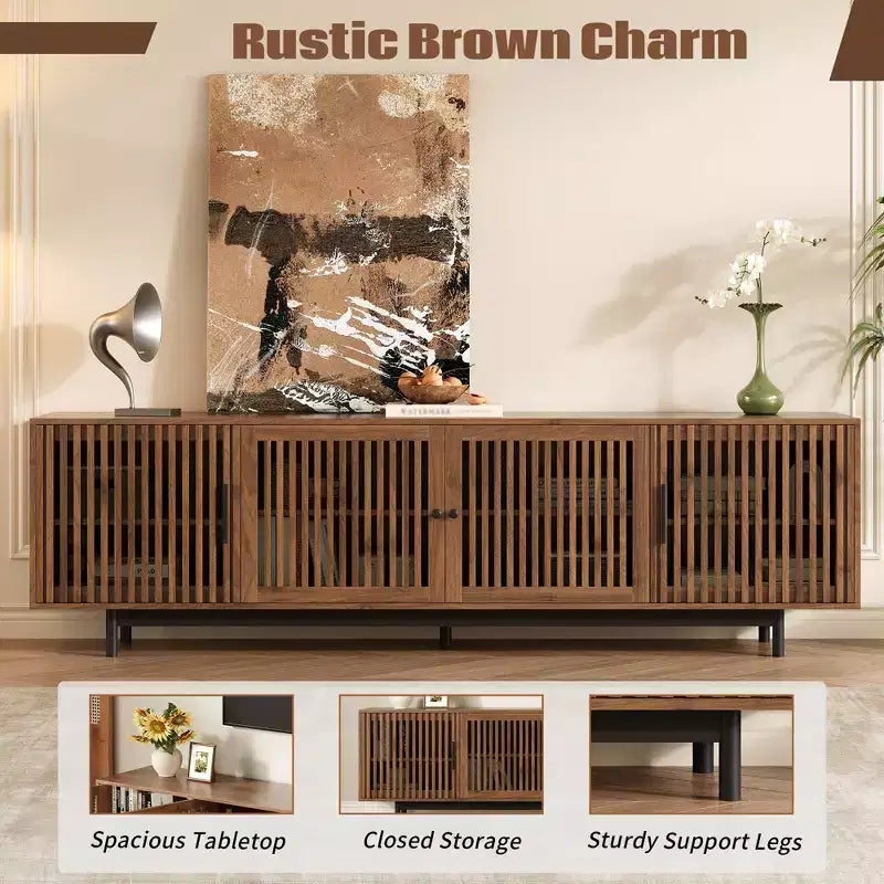 Meuble TV moderne de 78'' pour téléviseurs de 85'', console multimédia, centre de divertissement avec gestion des câbles et charnières à fermeture douce, Noyer - ModernLuxe