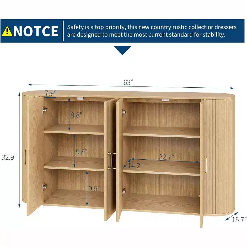 Buffet/Bahut cannelé en chêne de 160 cm, Crédence moderne incurvée avec étagères réglables, Meuble de rangement en bois polyvalent pour salle à manger/salon