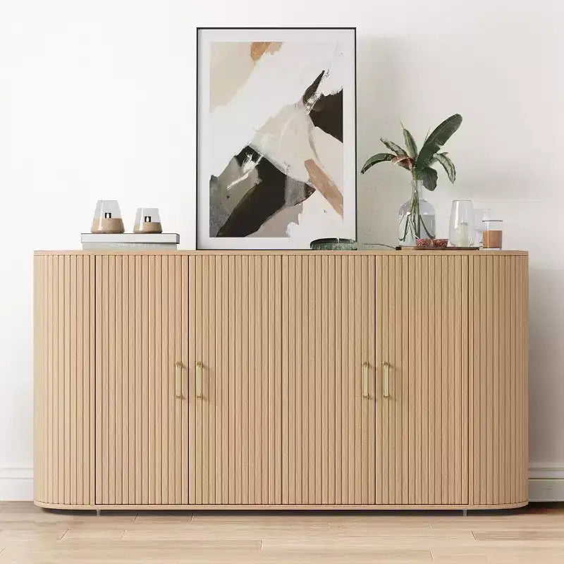 Buffet/Bahut cannelé en chêne de 160 cm, Crédence moderne incurvée avec étagères réglables, Meuble de rangement en bois polyvalent pour salle à manger/salon