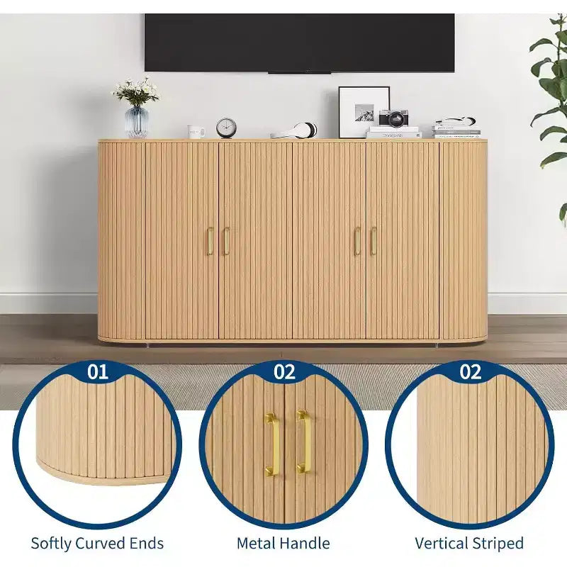 Buffet/Bahut cannelé en chêne de 160 cm, Crédence moderne incurvée avec étagères réglables, Meuble de rangement en bois polyvalent pour salle à manger/salon