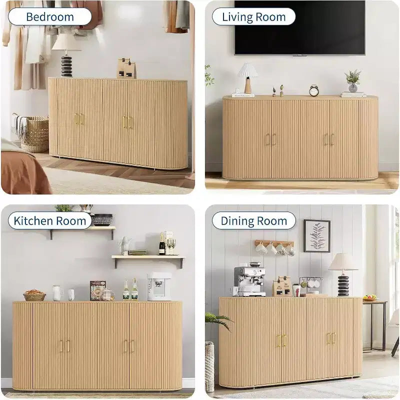 Buffet/Bahut cannelé en chêne de 160 cm, Crédence moderne incurvée avec étagères réglables, Meuble de rangement en bois polyvalent pour salle à manger/salon