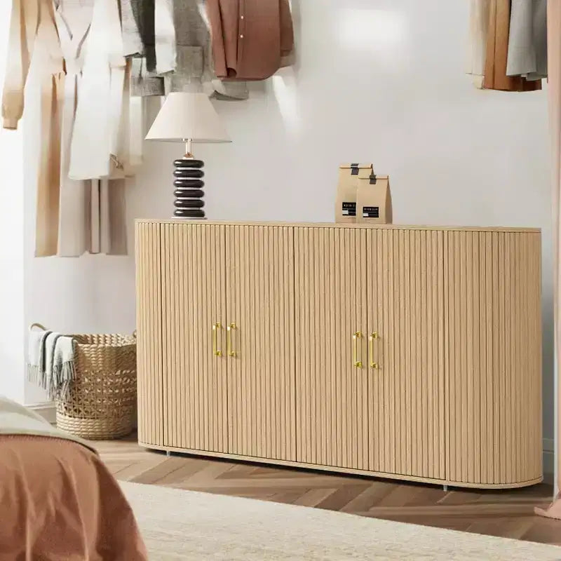 Buffet/Bahut cannelé en chêne de 160 cm, Crédence moderne incurvée avec étagères réglables, Meuble de rangement en bois polyvalent pour salle à manger/salon