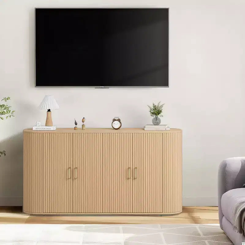 Buffet/Bahut cannelé en chêne de 160 cm, Crédence moderne incurvée avec étagères réglables, Meuble de rangement en bois polyvalent pour salle à manger/salon