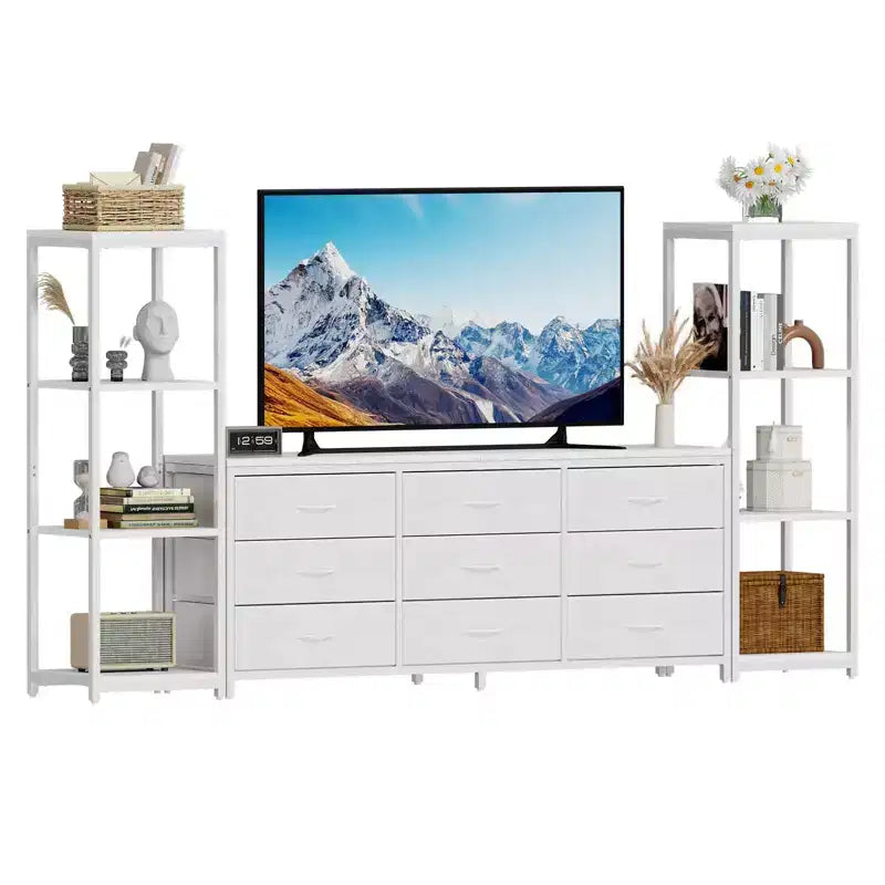 Meuble TV commode avec 9 tiroirs en tissu et 2 étagères de rangement industrielles à 4 niveaux pour salon