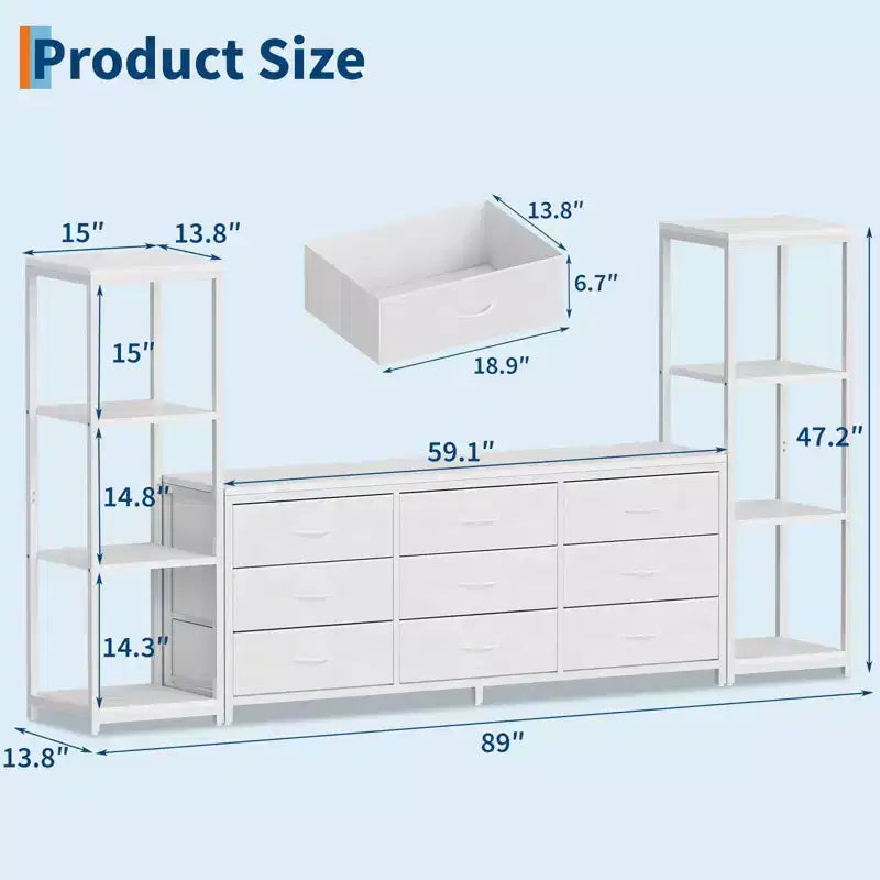 Meuble TV commode avec 9 tiroirs en tissu et 2 étagères de rangement industrielles à 4 niveaux pour salon