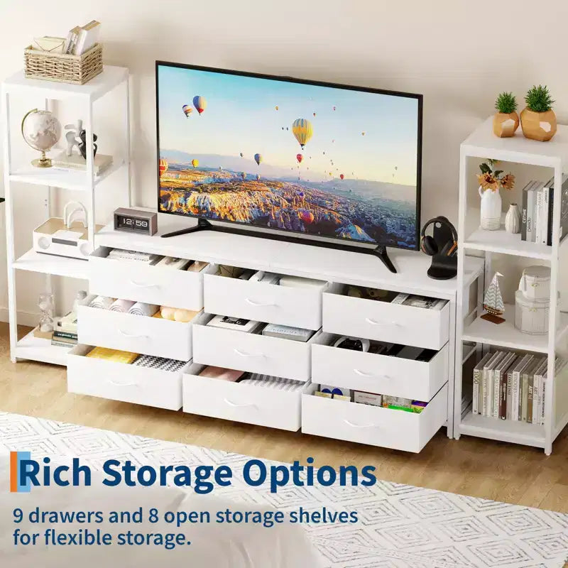 Meuble TV commode avec 9 tiroirs en tissu et 2 étagères de rangement industrielles à 4 niveaux pour salon