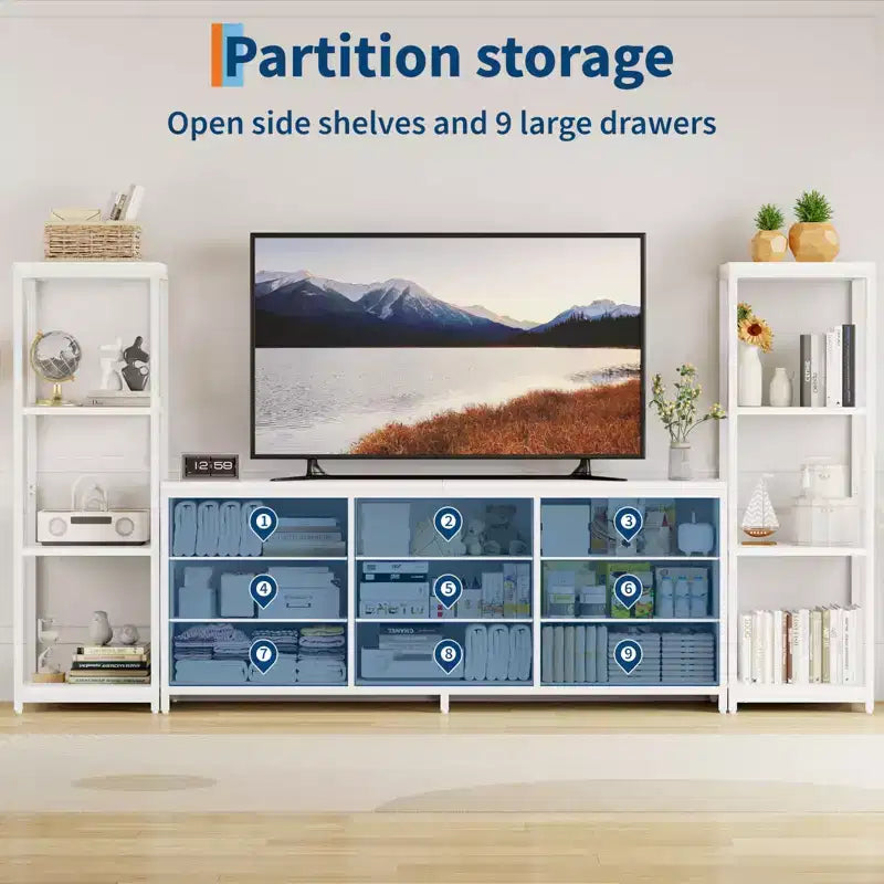 Meuble TV commode avec 9 tiroirs en tissu et 2 étagères de rangement industrielles à 4 niveaux pour salon