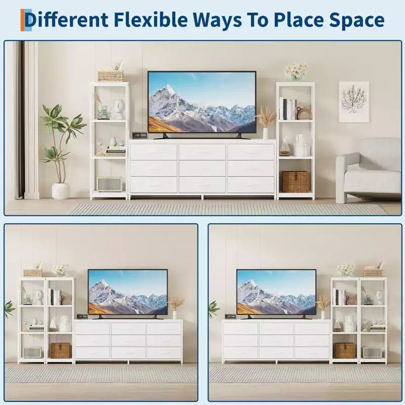 Meuble TV commode avec 9 tiroirs en tissu et 2 étagères de rangement industrielles à 4 niveaux pour salon