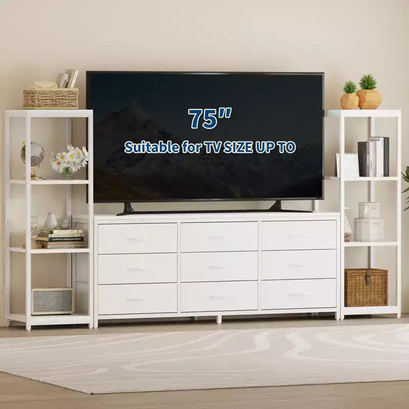 Meuble TV commode avec 9 tiroirs en tissu et 2 étagères de rangement industrielles à 4 niveaux pour salon