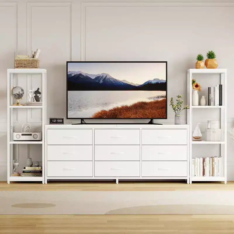 Meuble TV commode avec 9 tiroirs en tissu et 2 étagères de rangement industrielles à 4 niveaux pour salon