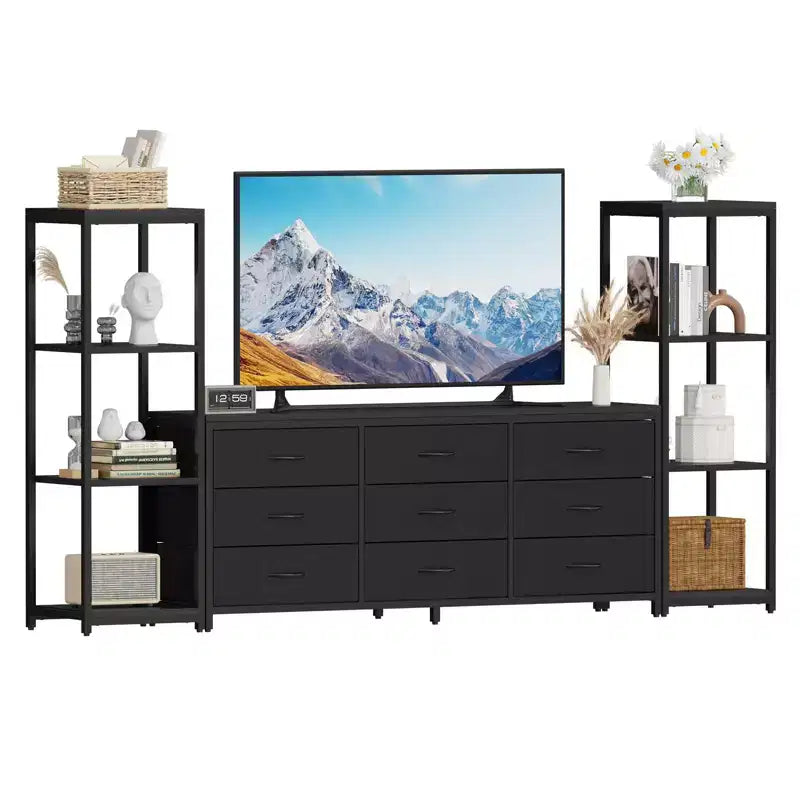 Meuble TV commode avec 9 tiroirs en tissu et 2 étagères de rangement industrielles à 4 niveaux pour salon