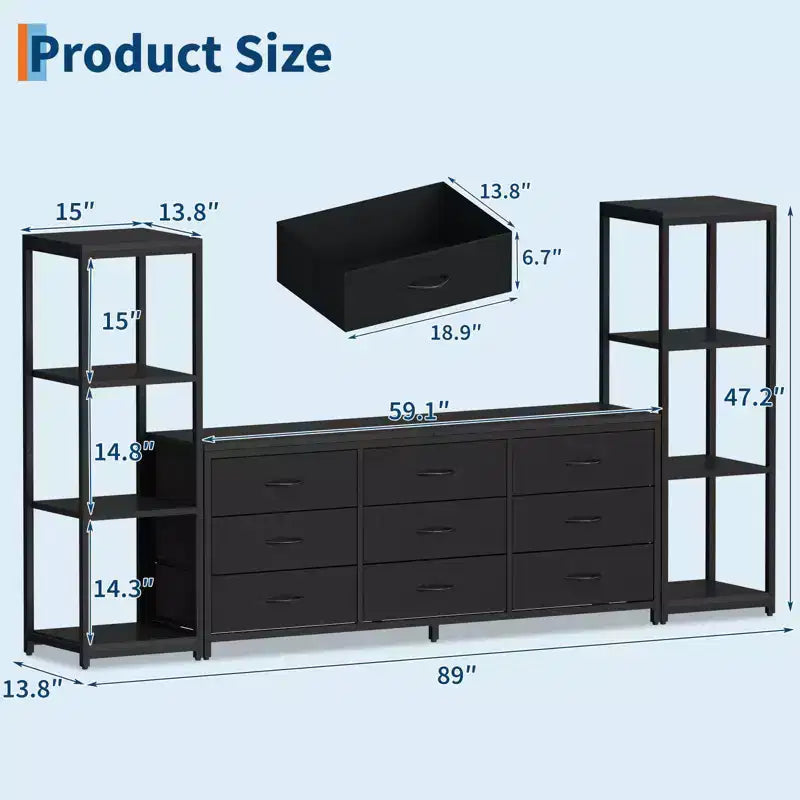 Meuble TV commode avec 9 tiroirs en tissu et 2 étagères de rangement industrielles à 4 niveaux pour salon