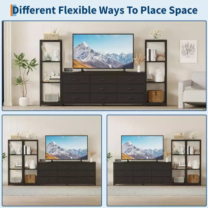 Meuble TV commode avec 9 tiroirs en tissu et 2 étagères de rangement industrielles à 4 niveaux pour salon