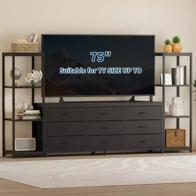 Meuble TV commode avec 9 tiroirs en tissu et 2 étagères de rangement industrielles à 4 niveaux pour salon