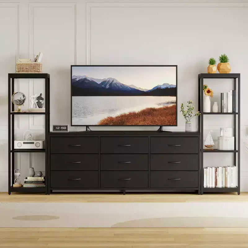 Meuble TV commode avec 9 tiroirs en tissu et 2 étagères de rangement industrielles à 4 niveaux pour salon