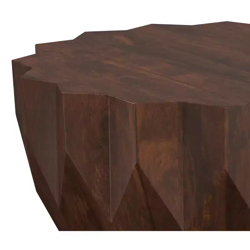 Table basse contemporaine Oakcrest en bois de manguier massif, motif polygonal, largeur 86 cm, entièrement assemblée