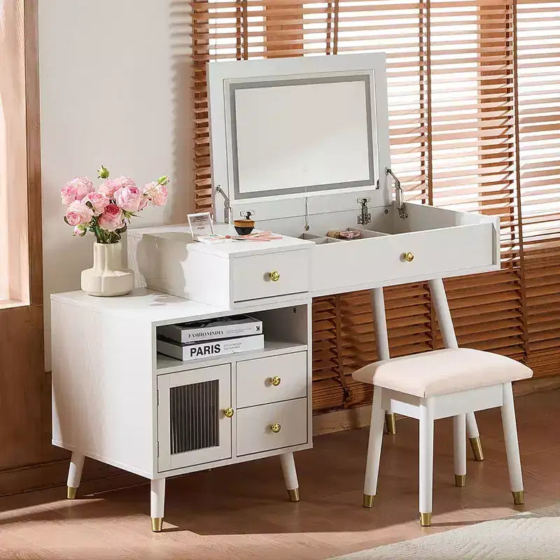 Coiffeuse 3-EN-1 Okak avec miroir rabattable et armoire réglable, Table de maquillage avec tabouret rembourré, Coiffeuse pour chambre, Blanc