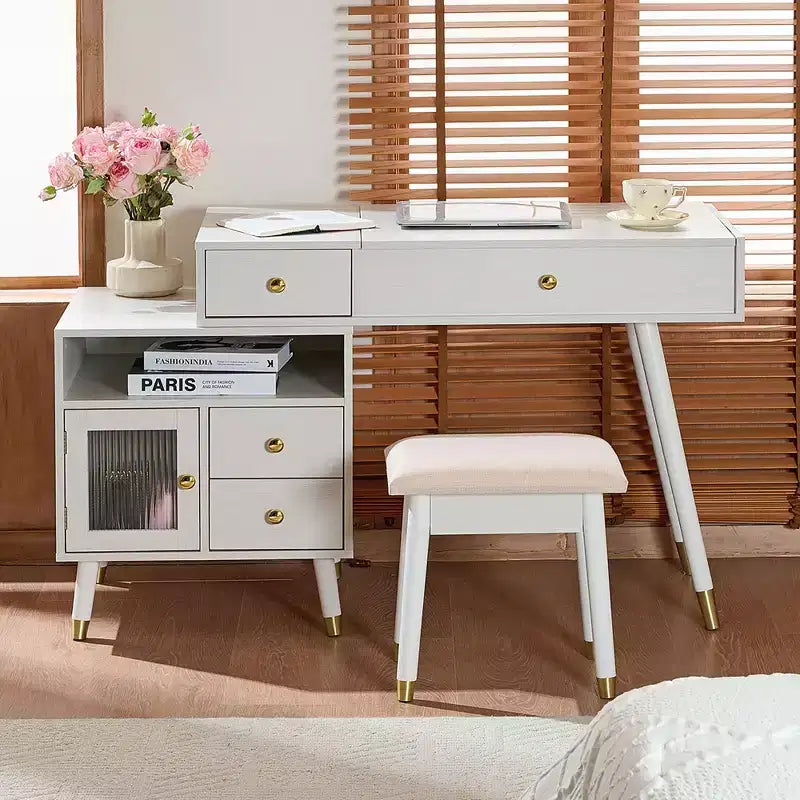 Coiffeuse 3-EN-1 Okak avec miroir rabattable et armoire réglable, Table de maquillage avec tabouret rembourré, Coiffeuse pour chambre, Blanc