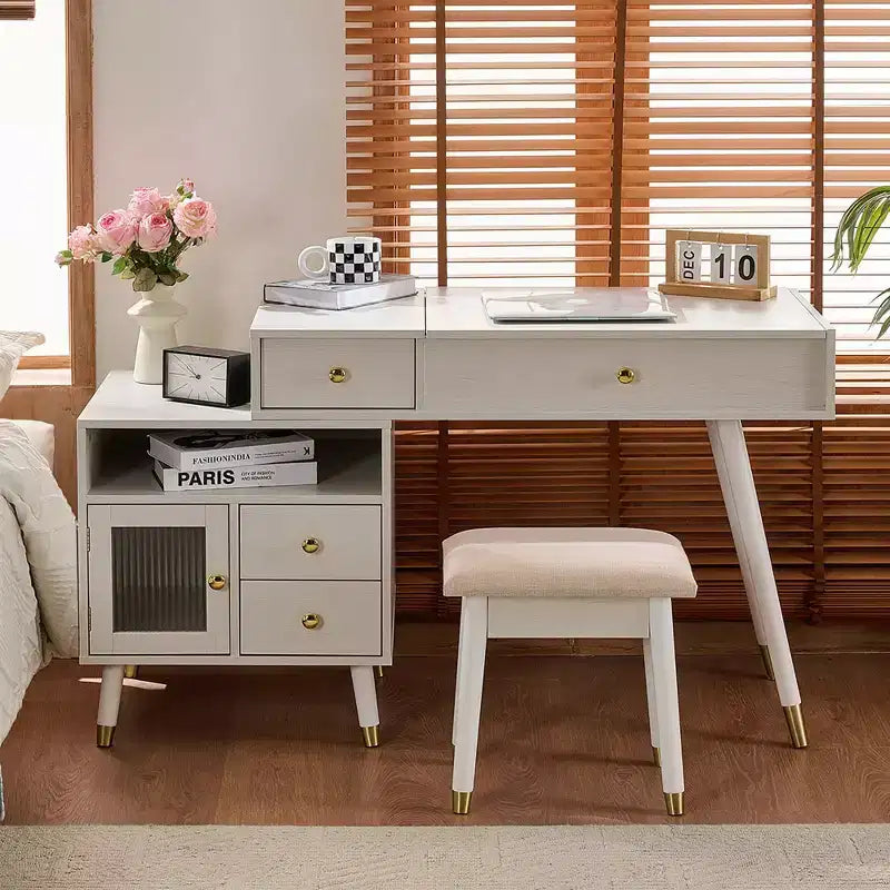 Coiffeuse 3-EN-1 Okak avec miroir rabattable et armoire réglable, Table de maquillage avec tabouret rembourré, Coiffeuse pour chambre, Blanc