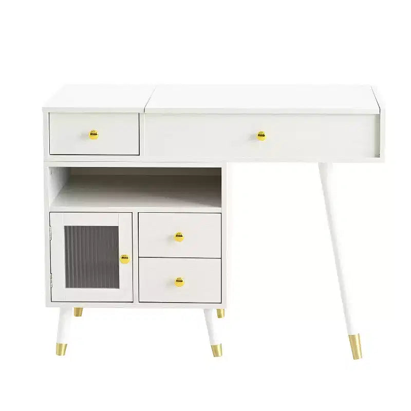 Coiffeuse 3-EN-1 Okak avec miroir rabattable et armoire réglable, Table de maquillage avec tabouret rembourré, Coiffeuse pour chambre, Blanc