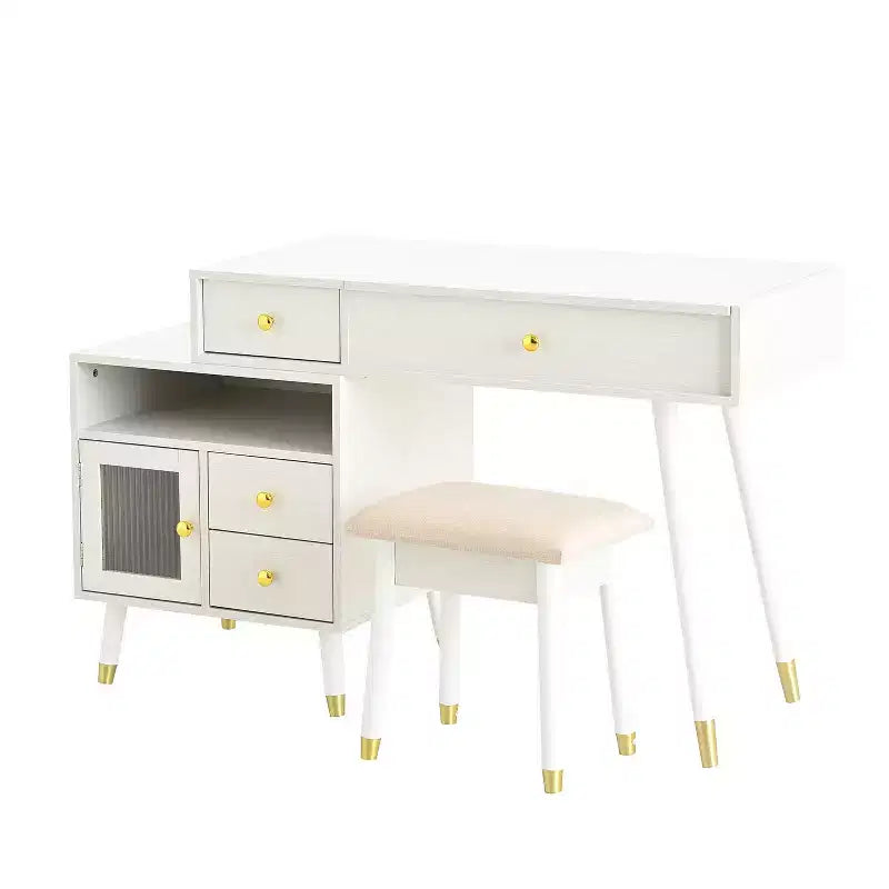 Coiffeuse 3-EN-1 Okak avec miroir rabattable et armoire réglable, Table de maquillage avec tabouret rembourré, Coiffeuse pour chambre, Blanc