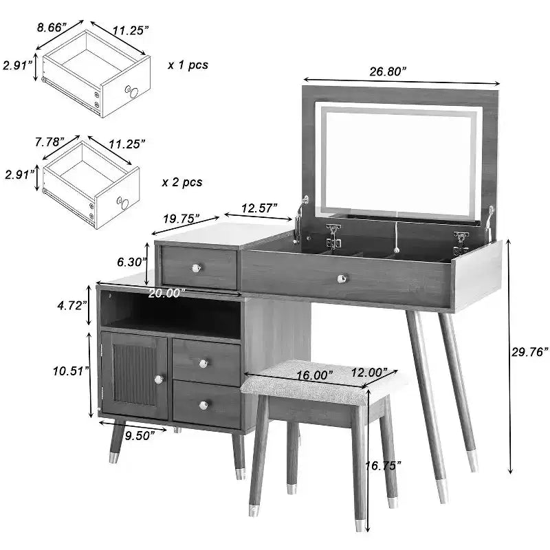 Coiffeuse 3-EN-1 Okak avec miroir rabattable et armoire réglable, Table de maquillage avec tabouret rembourré, Coiffeuse pour chambre, Blanc