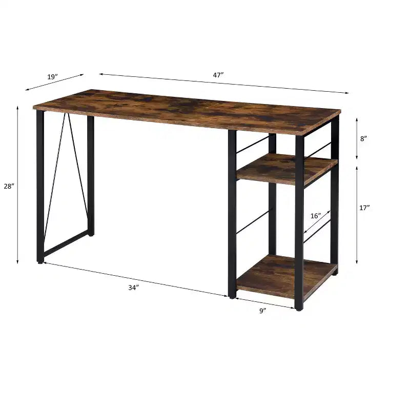 Bureau d'écriture TUYOHW avec finition chêne vieilli, table d'écriture avec étagères à 2 niveaux, base ouverte en métal, bureau d'étude rectangulaire pour bureau à domicile, chambre à coucher