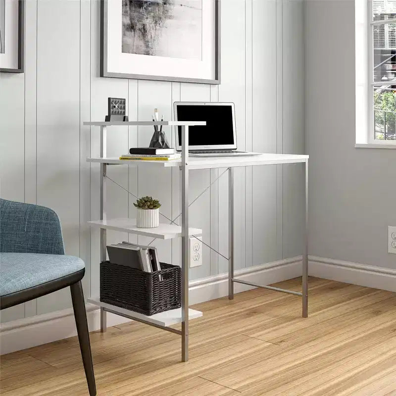 TUYOHW Side Storage Student Desk,Modern Study Desk with Laminated Top & Metal Frame,Spacious Desktop with Shelves for Homework Laptop Books,White