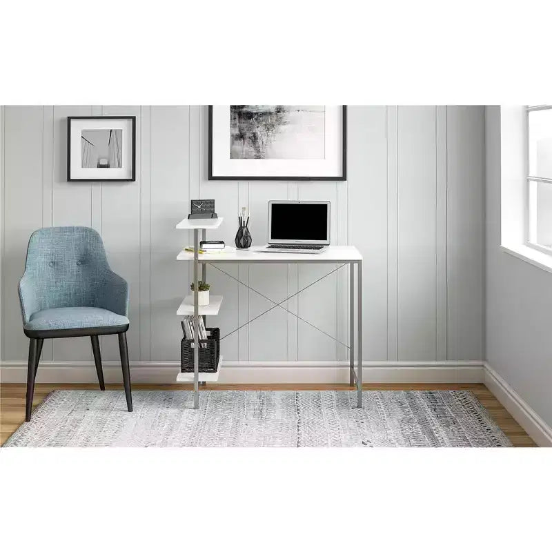 Bureau d'étude TUYOHW avec rangement latéral, bureau d'étude moderne avec plateau stratifié et cadre en métal, grand plateau avec étagères pour devoirs, ordinateur portable, livres, blanc