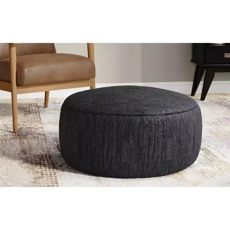 Pouf bohème Garcia 76 cm en cuir tressé véritable, assemblé