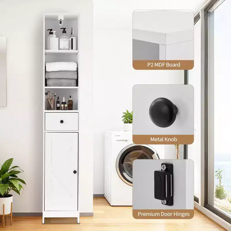 Meuble de rangement haut de salle de bain, Armoire étroite et mince autoportante, Organisateur de rangement au sol pour petits espaces, Salon, Cuisine, Entrée