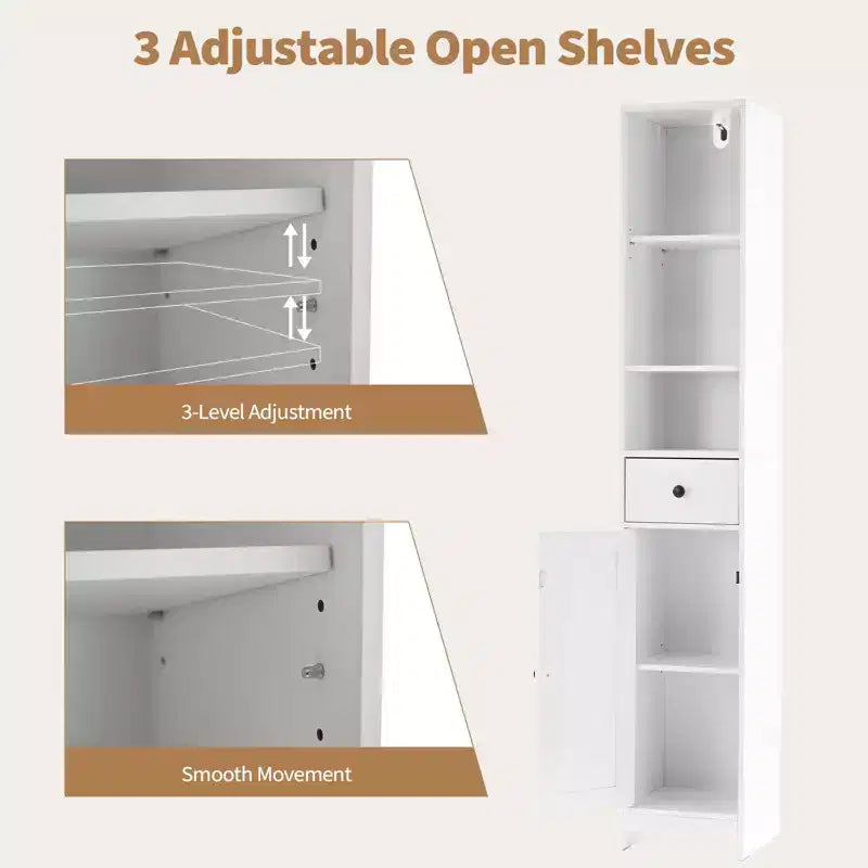 Meuble de rangement haut de salle de bain, Armoire étroite et mince autoportante, Organisateur de rangement au sol pour petits espaces, Salon, Cuisine, Entrée