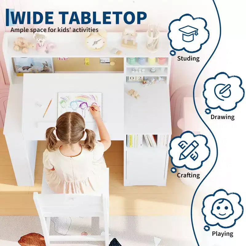Ensemble bureau et chaise pour enfants, Bureau enfant avec huche et plateau inclinable, Table d'étude en bois pour enfants avec meuble de rangement, Bureaux d'écriture pour étudiants