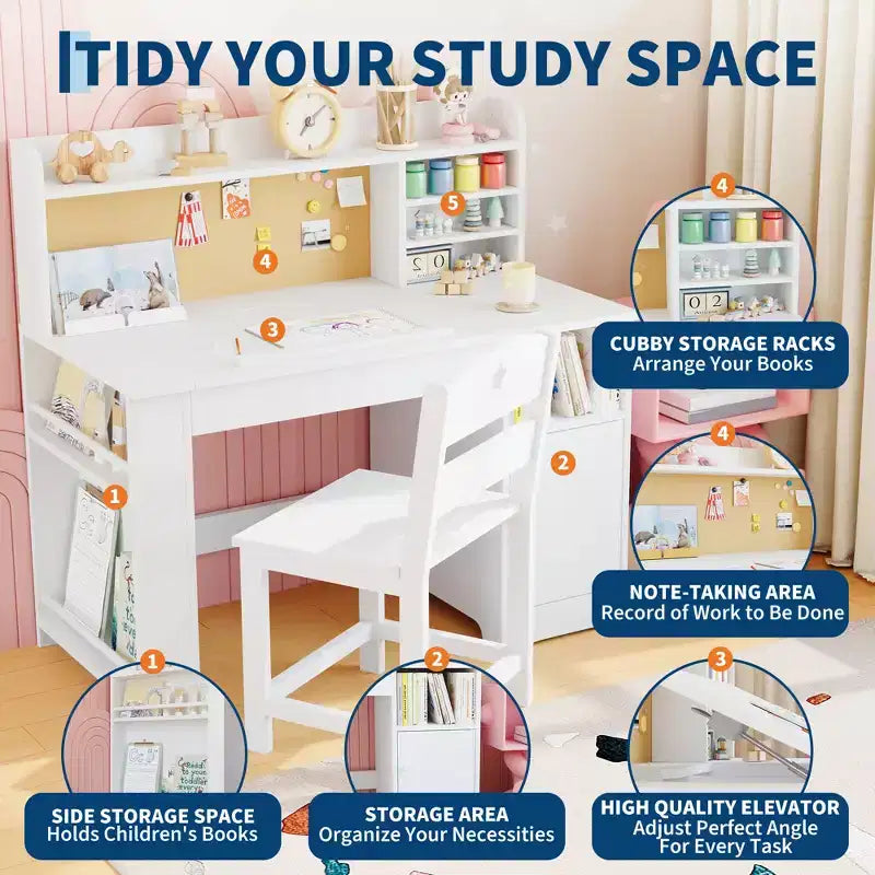 Ensemble bureau et chaise pour enfants, Bureau enfant avec huche et plateau inclinable, Table d'étude en bois pour enfants avec meuble de rangement, Bureaux d'écriture pour étudiants