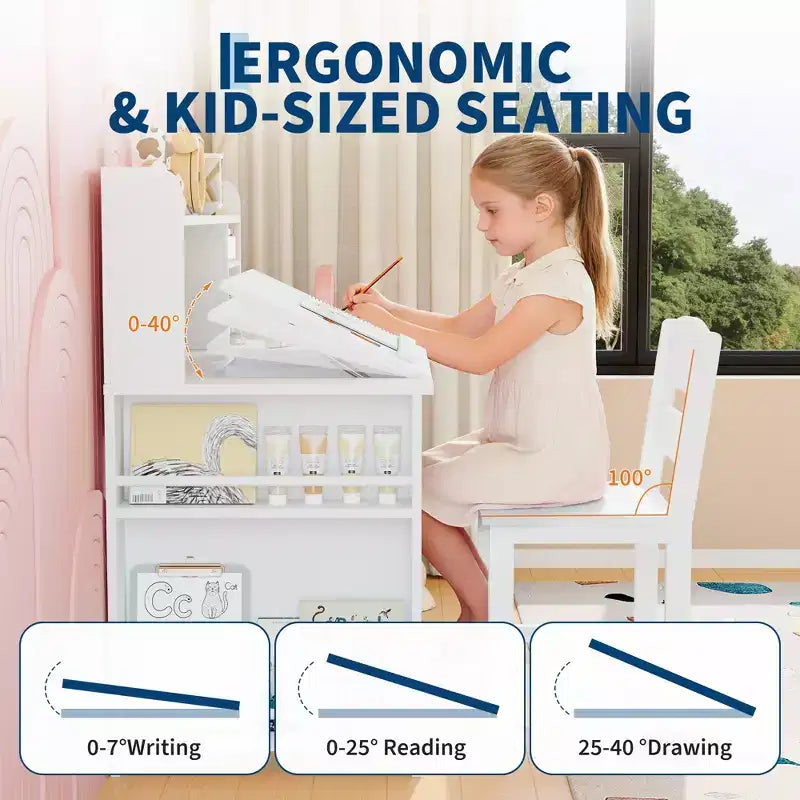 Ensemble bureau et chaise pour enfants, Bureau enfant avec huche et plateau inclinable, Table d'étude en bois pour enfants avec meuble de rangement, Bureaux d'écriture pour étudiants
