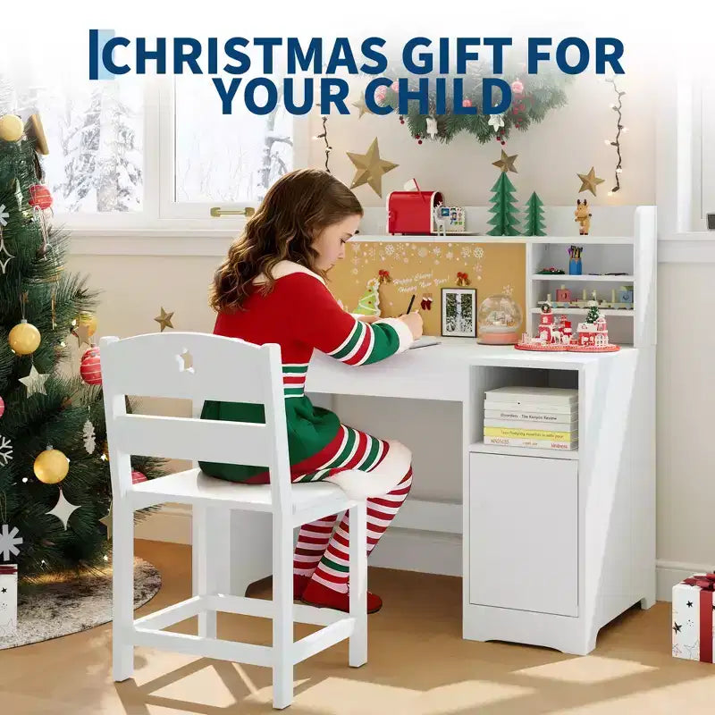 Ensemble bureau et chaise pour enfants, Bureau enfant avec huche et plateau inclinable, Table d'étude en bois pour enfants avec meuble de rangement, Bureaux d'écriture pour étudiants