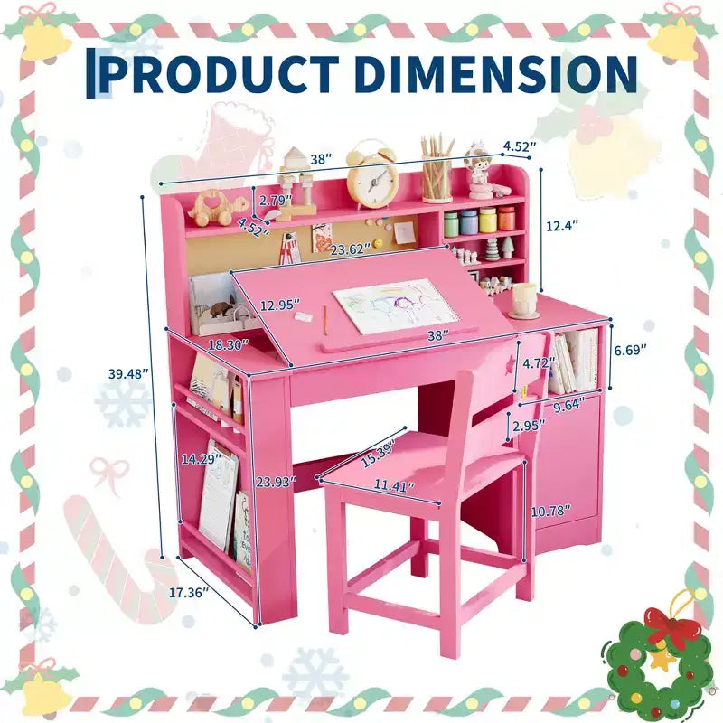 Ensemble bureau et chaise pour enfants, Bureau enfant avec huche et plateau inclinable, Table d'étude en bois pour enfants avec meuble de rangement, Bureaux d'écriture pour étudiants
