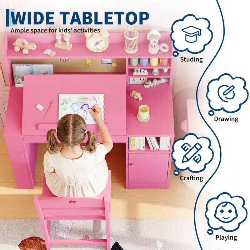 Ensemble bureau et chaise pour enfants, Bureau enfant avec huche et plateau inclinable, Table d'étude en bois pour enfants avec meuble de rangement, Bureaux d'écriture pour étudiants