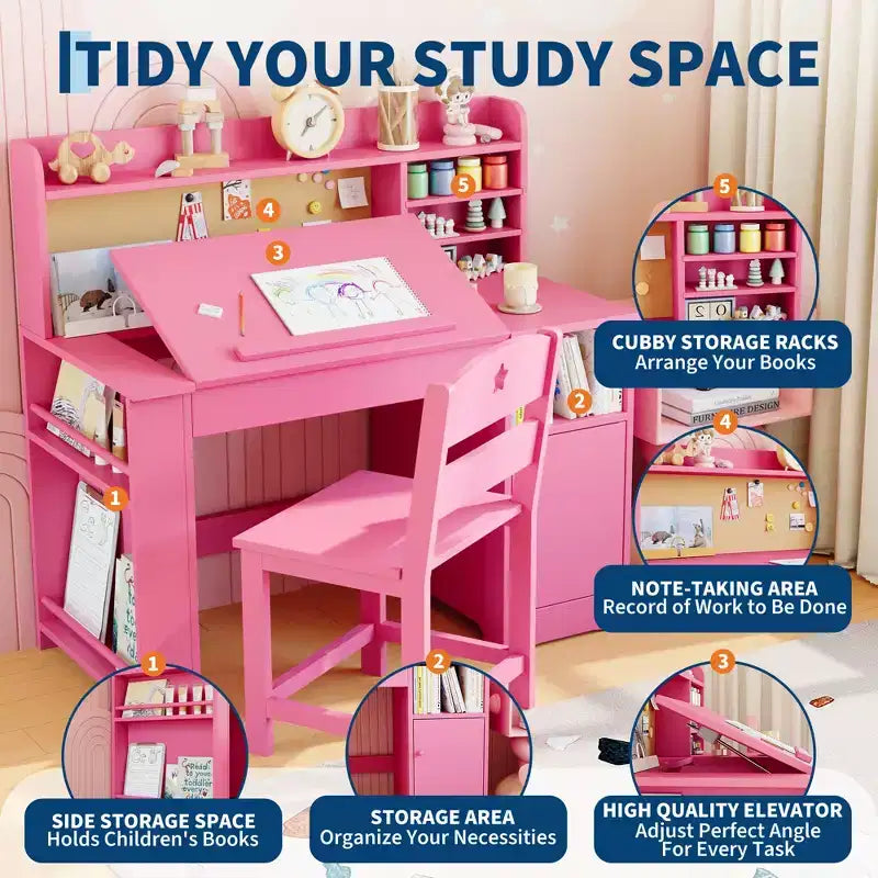 Ensemble bureau et chaise pour enfants, Bureau enfant avec huche et plateau inclinable, Table d'étude en bois pour enfants avec meuble de rangement, Bureaux d'écriture pour étudiants