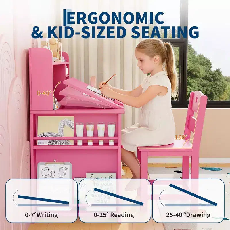 Ensemble bureau et chaise pour enfants, Bureau enfant avec huche et plateau inclinable, Table d'étude en bois pour enfants avec meuble de rangement, Bureaux d'écriture pour étudiants