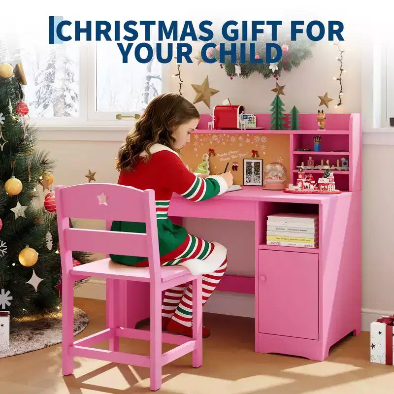Ensemble bureau et chaise pour enfants, Bureau enfant avec huche et plateau inclinable, Table d'étude en bois pour enfants avec meuble de rangement, Bureaux d'écriture pour étudiants