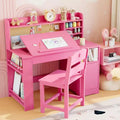 Kids Study Desk and Chair Set,Kids Desk with Hutch and Tiltable Desktop,Wooden Children Study Table with Storage Cabinet,Student Writing Desks