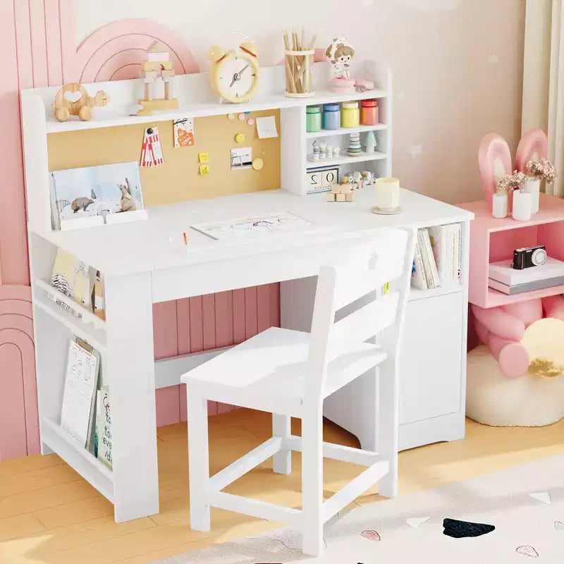 Ensemble bureau et chaise pour enfants, Bureau enfant avec huche et plateau inclinable, Table d'étude en bois pour enfants avec meuble de rangement, Bureaux d'écriture pour étudiants