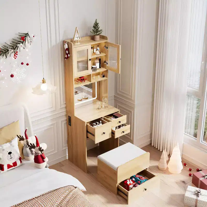 Coiffeuse compacte, Coiffeuse de maquillage avec miroir et lumières, Ensemble de coiffeuse blanche avec station de recharge, Petite coiffeuse pour filles et chaise de rangement