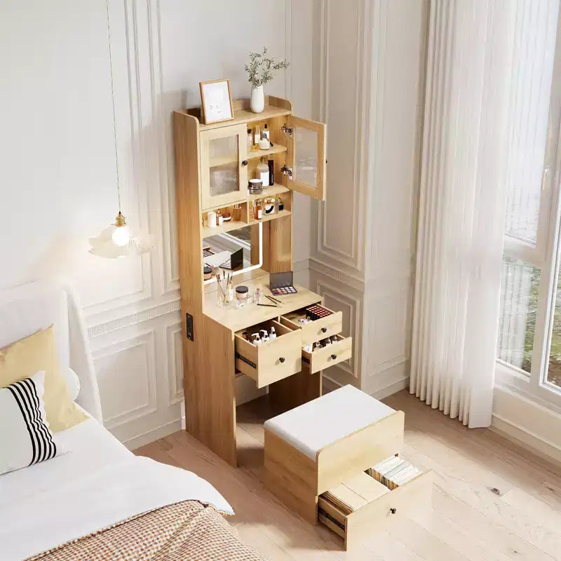 Coiffeuse compacte, Coiffeuse de maquillage avec miroir et lumières, Ensemble de coiffeuse blanche avec station de recharge, Petite coiffeuse pour filles et chaise de rangement