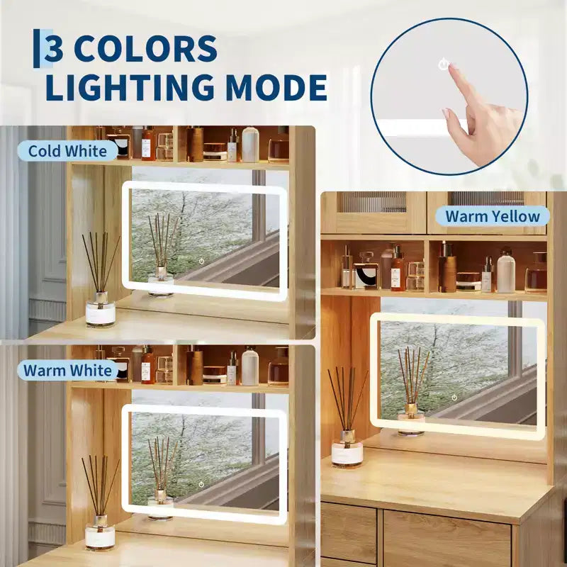 Coiffeuse compacte, Coiffeuse de maquillage avec miroir et lumières, Ensemble de coiffeuse blanche avec station de recharge, Petite coiffeuse pour filles et chaise de rangement